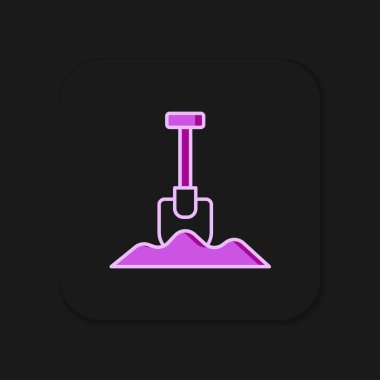 İçi doldurulmuş Kürek simgesi siyah arkaplanda izole edildi. Bahçe aletleri. Bahçecilik, tarım, çiftçilik aleti. Düz çizgili, gölgeli. Vektör.