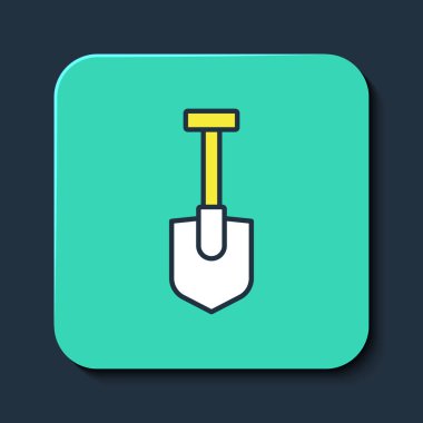 Mavi arkaplanda izole edilmiş ana hatlı kürek simgesi. Bahçe aletleri. Bahçecilik, tarım, çiftçilik aleti. Turkuaz kare düğme. Vektör.