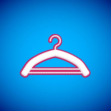 Beyaz elbise dolabı ikonu mavi arka planda izole edildi. Vestiyer ikonu. Kıyafet servis sembolü. Çamaşır askı tabelası. Vektör.