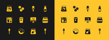 Sos şişesi, Donut Online çay, dondurma ve kurabiye ikonu sipariş ediyor. Vektör.