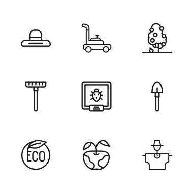 Apple Shovel Scarecrow Colorado Böcek Ağacı Çiftlik İşçisi şapkası çim biçme makinesi ve bahçe tırmığı ikonu. Vektör.