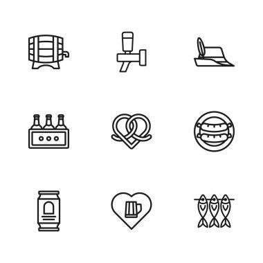 Bir bardak bira, sosis, kurutulmuş kraker, kep, tahta fıçı, bira fıçısı ve paket şişe ikonu. Vektör.