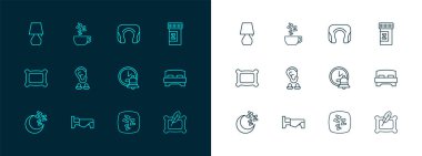 Uyku hapı, uyku saati, kulak tıkacı, boyun yastığı, masa lambası ve papatya çayı ikonu. Vektör.