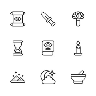 Ay 'ı ve yıldızları ayarla yanan mum kazanı antik sihirli kitap Psilocybin mantar parşömen hançeri ve eski kum saati ikonu. Vektör.