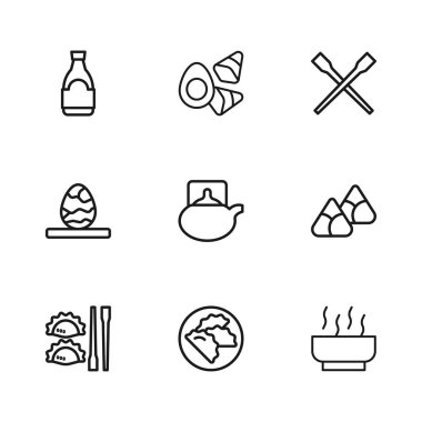 Hamur köftesi Zongzi bambu buharı çorba kasesi geleneksel yemek çubukları soya soslu tavuk yumurtası sebzeli ve Çin ikonu. Vektör.