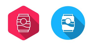 Doldurulmuş ve ana hatlı Soda kutusu simgesi uzun gölge arkaplanı ile izole edilmiş. Vektör.