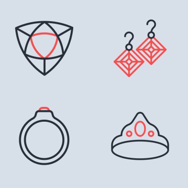 Küpeler, elmas nişan, kral tacı ve simgesi. Vektör.