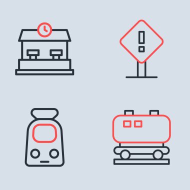 Tren ve demiryolu sarnıçlarına ve tren istasyonu ikonuna ünlem işareti koyun. Vektör.