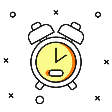 Doldurulmuş alarm saat simgesi beyaz arkaplanda izole edildi. Uyan, kalk konsepti. Zaman işareti. Düz çizgili, gölgeli. Vektör.