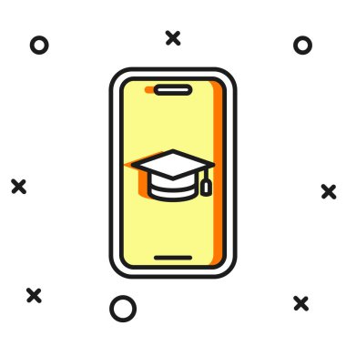 Beyaz arkaplanda izole edilmiş akıllı telefon simgesindeki ana hatlı mezuniyet başlığı. Çevrimiçi öğrenme ya da e-öğrenme kavramı. Düz çizgili, gölgeli. Vektör.