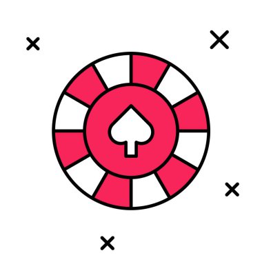 Doldurulmuş ana hatlı kumarhane çipleri simgesi beyaz arkaplanda izole edildi. Kumarhane kumarı. Vektör.