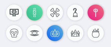 Balkabağı Üçlü Şeytan Kafatası Kalesi Korsan kancası Kemikleri çaprazladı Cadılar Bayramı cadı kazanı ve vampir dişleri ikonu. Vektör.