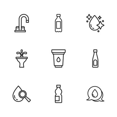 Konuşma baloncukları, filtre kartuşu musluğu ve Çeşme ikonu ile su damlası hattını ayarlayın. Vektör.