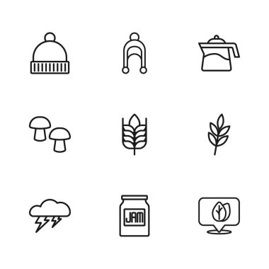 Jam Kavanozu Yaprak Yaprak Konumu 'nu yaprak Ezmesi Kış Şapkası ve Mantar ikonu ile ayarlayın. Vektör.