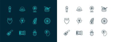 Davul 'u altın rengi gökkuşağı leprikon leprikon folyo yaprak, cam bira ve şapka ikonu ile hizaya getir. Vektör.