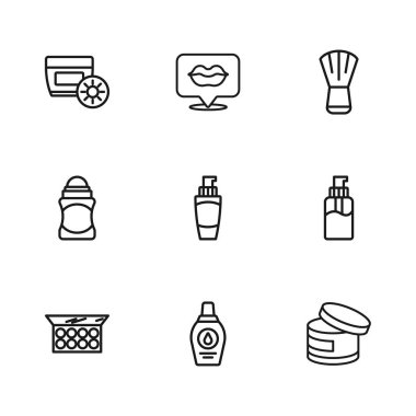 Şampuan sıvı sabun kremi ya da losyon kozmetik tüp el kremi, gülümseyen dudaklarla güneş kremi ve deodorant rulo ikonu. Vektör.