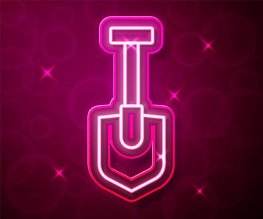 Parlayan neon hattı kürek simgesi kırmızı arkaplanda izole edildi. Bahçe aletleri. Bahçecilik, tarım, çiftçilik aleti. Vektör.