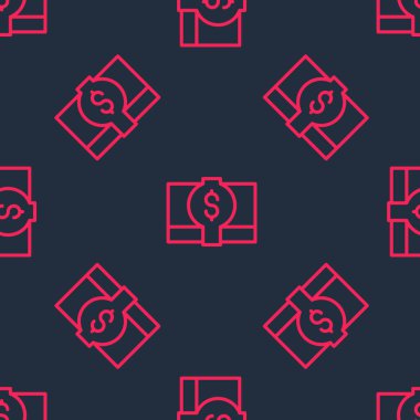 Kırmızı çizgi, kağıt para yığını nakit para ikonu siyah arka planda izole edilmiş kusursuz desen. Para desteleri. Para birimi. Vektör.