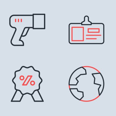 Satır Tanımlama Rozeti İndirim yüzde etiketini ayarla ve tarayıcı barkod simgesini tarıyor. Vektör.