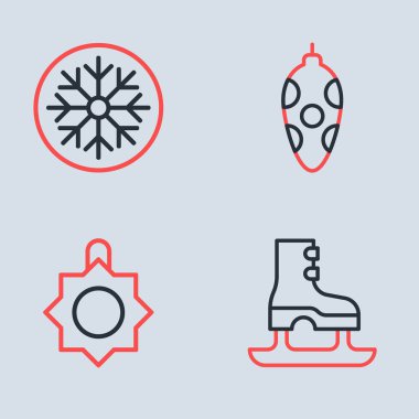 Çizgiye dizilmiş Noel oyuncakları ve Kar Tanesi ikonu. Vektör.