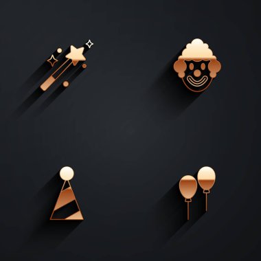 Sihirli Palyaço Kafalı Parti şapkası ve uzun gölgeli kurdele ikonlu Balonlar. Vektör.