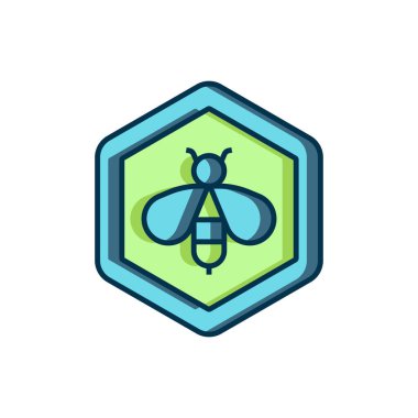 Arı ve bal peteği simgesi beyaz arkaplanda izole edildi. Bal hücreleri. Bal arısı ya da kanat sembollü apis. Uçan böcek. Tatlı doğal yemek. Düz çizgili, gölgeli. Vektör.