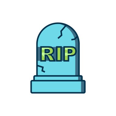 Beyaz arkaplanda izole edilmiş, üzerinde RIP yazılı Tombstone ana hatlarıyla doldurulmuş. Mezar ikonu. Mutlu Cadılar Bayramı Partisi. Düz çizgili, gölgeli. Vektör.