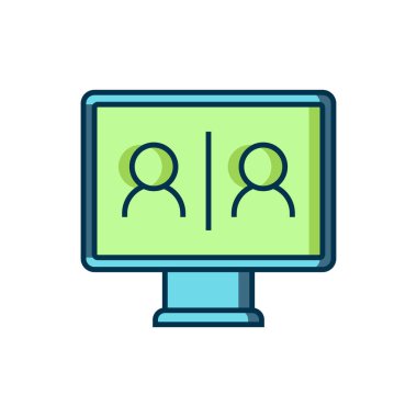 Beyaz arkaplanda izole edilmiş ana hatlı görüntülü sohbet ikonu. Çevrimiçi iş görüşmesi formu. Uzak proje yönetimi. Düz çizgili, gölgeli. Vektör.