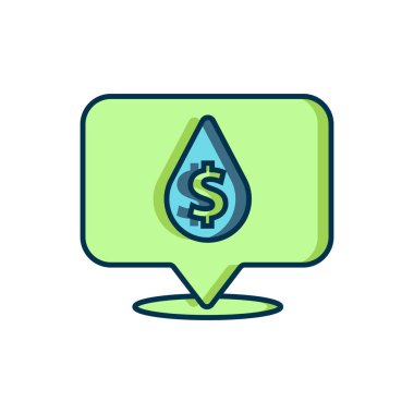 Beyaz arka planda izole edilmiş dolar sembolü simgesiyle ana hatlarıyla doldurulmuş yağ damlası. Petrol fiyatı. Petrol ve petrol endüstrisi. Düz çizgili, gölgeli. Vektör.