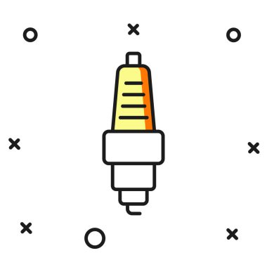 Doldurulmuş ana hatlı Buji simgesi beyaz arkaplanda izole edildi. Araba elektrikli mumu. Düz çizgili, gölgeli. Vektör.
