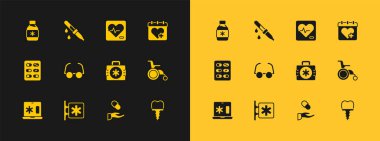 Doktor randevusu ayarla - Yaşam Yıldızı İlk yardım çantası reçeteli Gözlük Kalp atış hızı şurubu ve Pipette ikonu. Vektör.