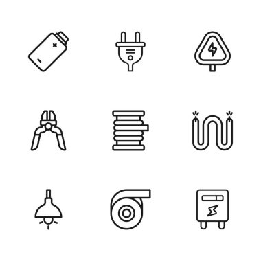 Hat Roll yapışkan bant elektrik kablolu tel elektrik ayarlayın yüksek gerilim pili buji ve pense aracı simgesi. Vektör.