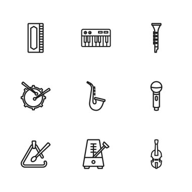 Metronome 'u sarkaç mikrofonlu keman saksafonu klarnet armonika müzik sentezleyicisi ve davul bageti ikonu ile ayarla. Vektör.