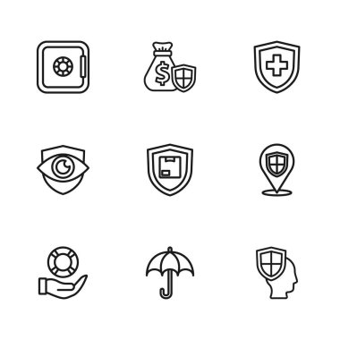 Şemsiye Konumu Kalkan Hayat Sigortası 'nı, teslimat güvenlik kasası para çantası, Kalkan ve göz ikonu ile ayarla. Vektör.
