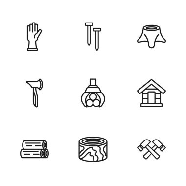 Ahşap çizgili kütükler Köpek Evi çapraz çekiçli vinç Ağaç gövdesi, koruyucu eldivenler, metal çiviler ve balta simgesi. Vektör.