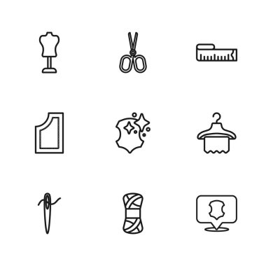 İplik Askısı gardırop Deri bant Ölçüm Makas ve Dikiş Kalıbı simgesini ayarla. Vektör.