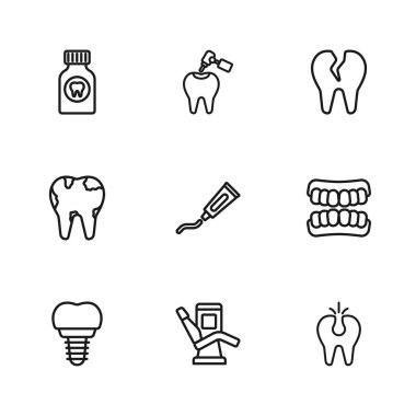 Diş macunu, diş macunu, ağrı kesici tableti ve matkap ve ikon içeren kırık diş tüpü. Vektör.