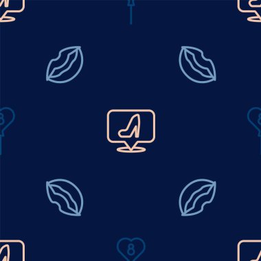 8 Mart 'ta gülümseyen dudaklar ve kusursuz desenli kadın ayakkabıları olan çizgi balonları ayarlayın. Vektör.