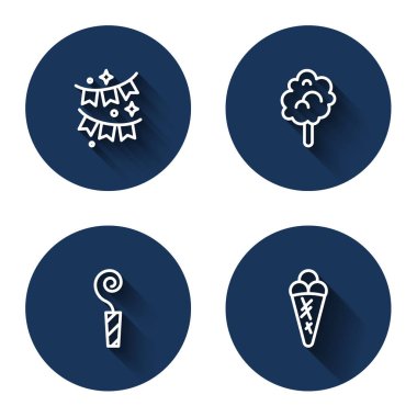 Bayraklı Karnaval çelengi, pamuk şeker doğum günü partisi kornası ve uzun gölgeli waffle dondurması. Mavi daire düğmesi. Vektör.