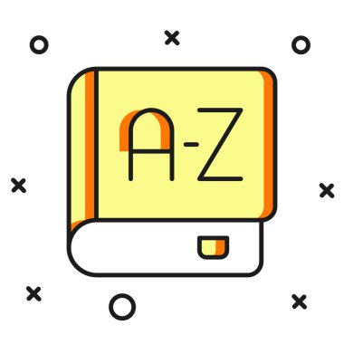 Doldurulmuş Çeviri Defteri simgesi beyaz arkaplanda izole edildi. Sohbet balonunda yabancı dil konuşma simgeleri. Çeviri konsepti. Düz çizgili, gölgeli. Vektör.