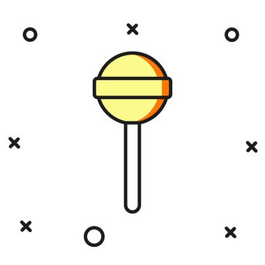 Beyaz arkaplanda izole edilmiş ana hatlı lolipop simgesi. Yemek, lezzetli bir sembol. Düz çizgili, gölgeli. Vektör.