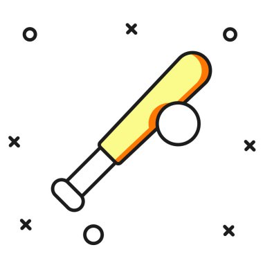 Beyzbol sopasıyla doldurulmuş ve beyaz zemin üzerinde top ikonu var. Düz çizgili, gölgeli. Vektör.