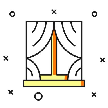 Pencereyi beyaz arkaplanda izole edilmiş oda simgesindeki perdelerle doldurdum. Düz çizgili, gölgeli. Vektör.