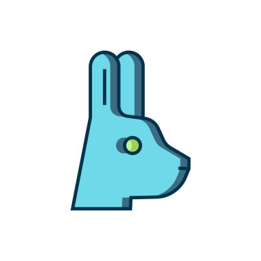 Beyaz arkaplanda izole edilmiş kulak simgesiyle çizilmiş Tavşan. Sihir numarası. Gizemli eğlence konsepti. Düz çizgili, gölgeli. Vektör.