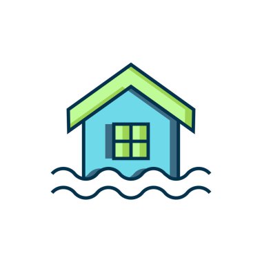 Doldurulmuş Ev sel simgesi beyaz arkaplanda izole edildi. Suyun altındaki evi sel basıyor. Sigorta konsepti. Güvenlik, güvenlik, koruma, konsept koruma. Düz çizgili, gölgeli. Vektör.
