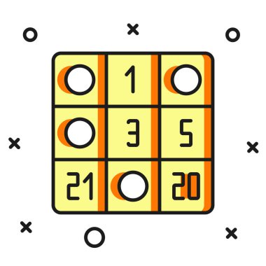 Beyaz arkaplanda izole edilmiş şanslı numaralar simgesi içeren ana hatlı bingo kartı. Düz çizgili, gölgeli. Vektör.