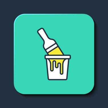 Mavi arka planda izole edilmiş fırça simgesiyle boyanmış boya kovası. Turkuaz kare düğme. Vektör.
