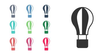 Siyah Sıcak Hava Balonu simgesi beyaz arkaplanda izole edildi. Seyahat için hava taşımacılığı. Simgeleri renklendirin. Vektör.