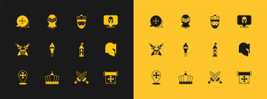 Ortaçağ miğferi King Crown Castle kulesini Haçlı Seferi ve ikonuyla ortaçağ kılıç alevi ile çaprazladı. Vektör.