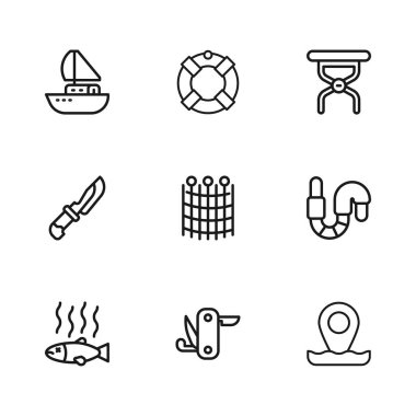 İsviçre ordu bıçağı Worm konumu balıkçılık ağı deseni katlanır yat yatı Lifebuoy ve bıçak ikonu. Vektör.